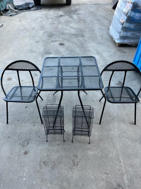 Mesh patio table, chairs and side tables after black powder coating