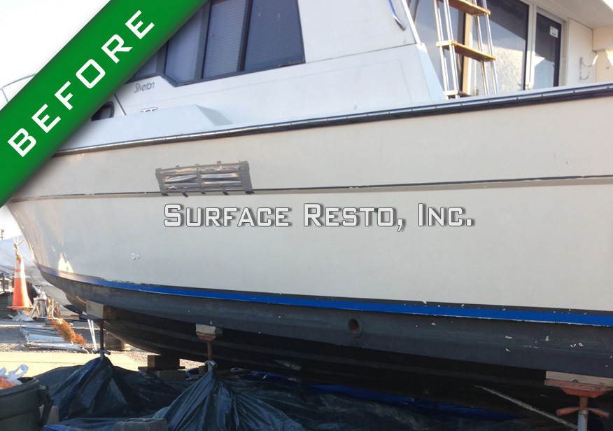 New York cruiser with worn bottom paint before blasting