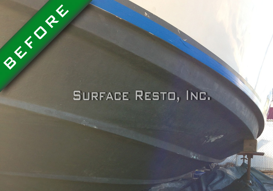 Close-up of a New York boat hull before bottom paint removal
