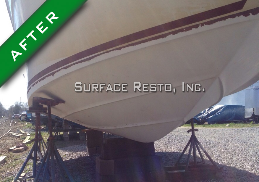 Rhode Island boat hull after bottom paint removal down to the gelcoat